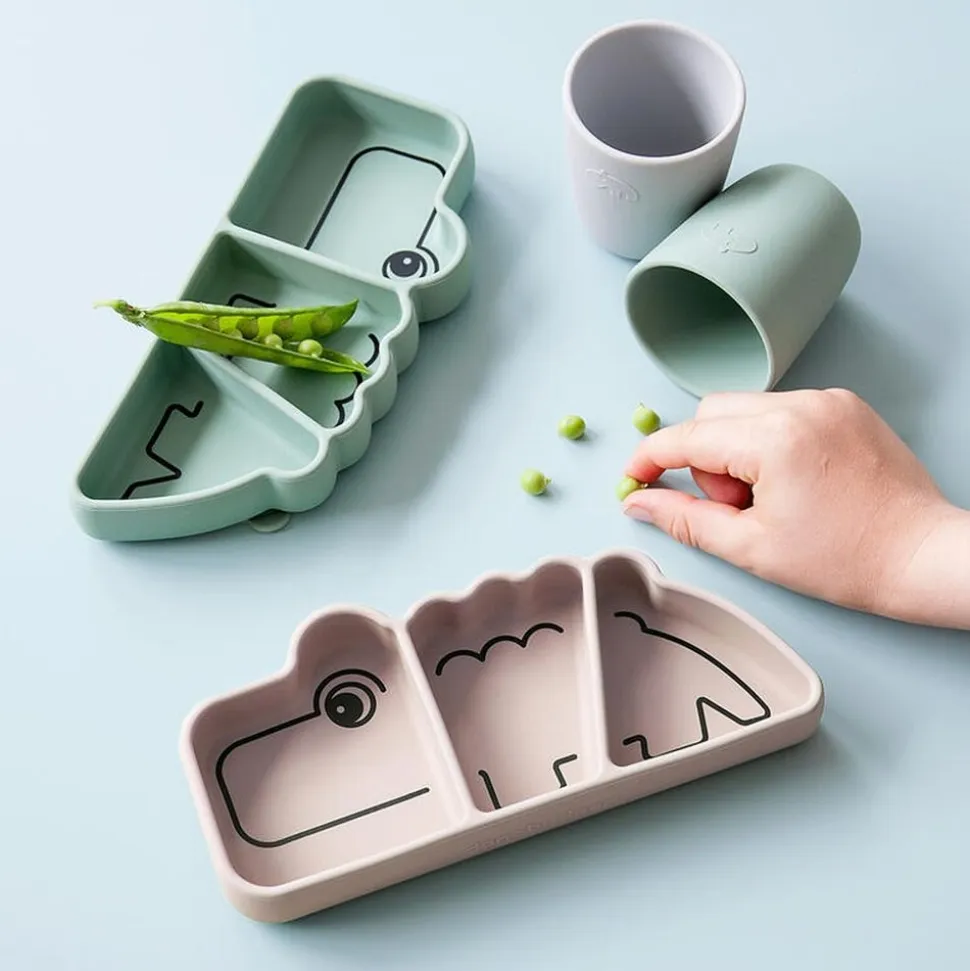 Assiette bébé compartimentée en silicone croco rose