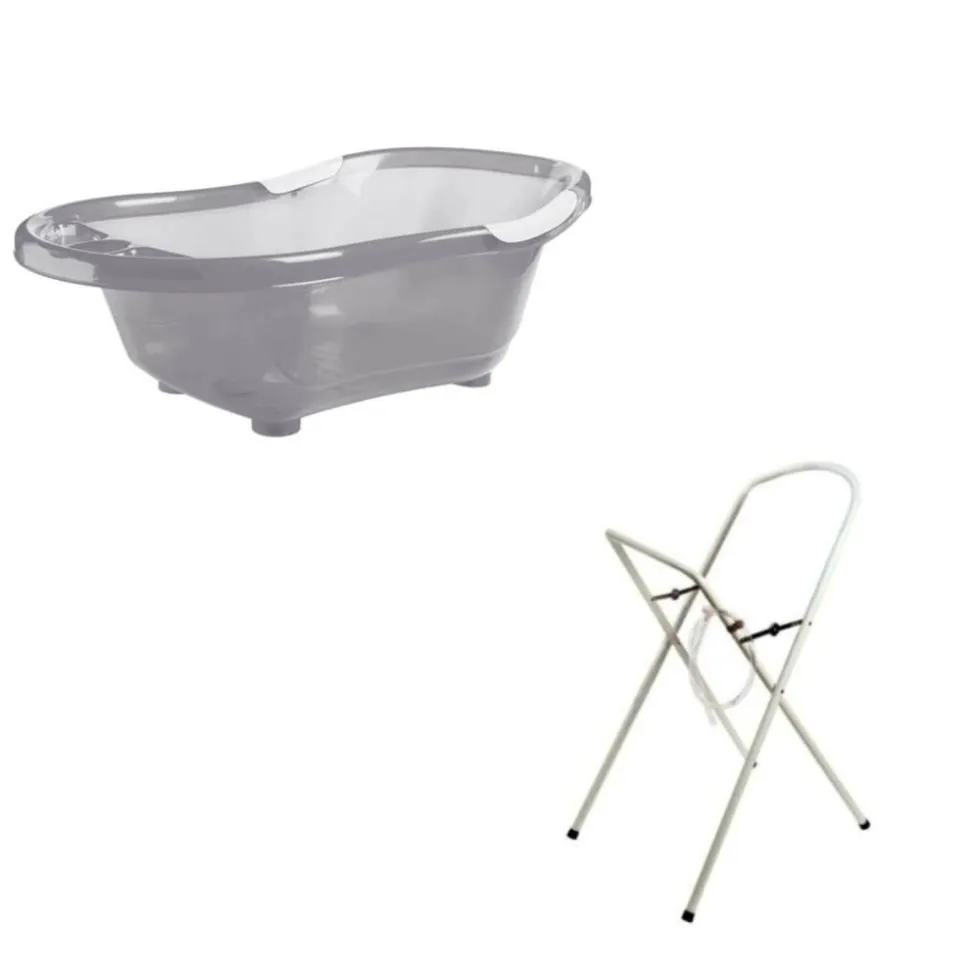 Baignoire bébé grise avec vidange + grand support de baignoire
