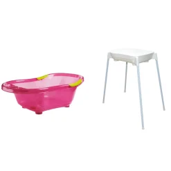 Baignoire bébé rose pailletée avec vidange + support de baignoire