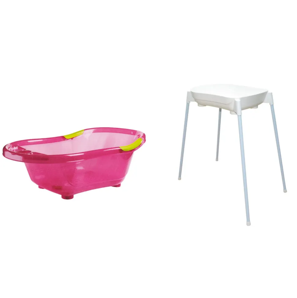Baignoire bébé rose pailletée avec vidange + support de baignoire