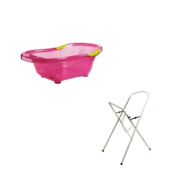 Baignoire bébé rose pailletée avec vidange + grand support de baignoire