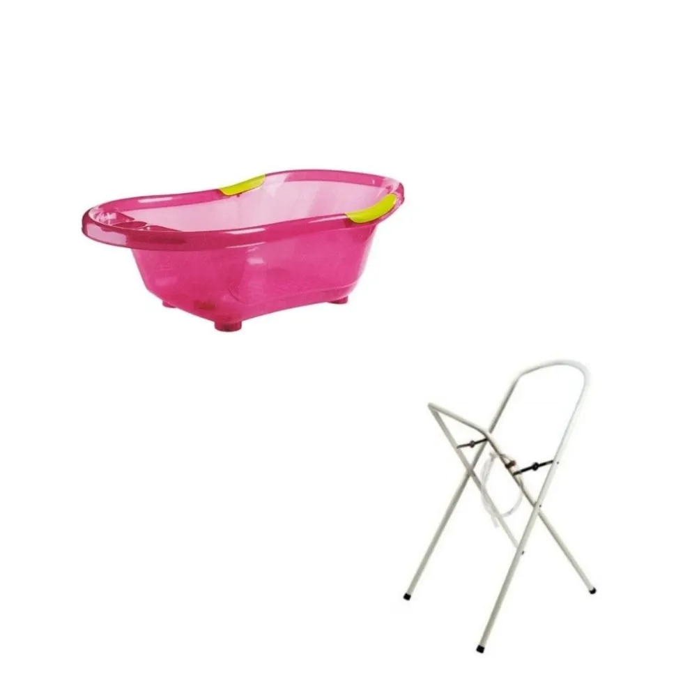 Baignoire bébé rose pailletée avec vidange + grand support de baignoire