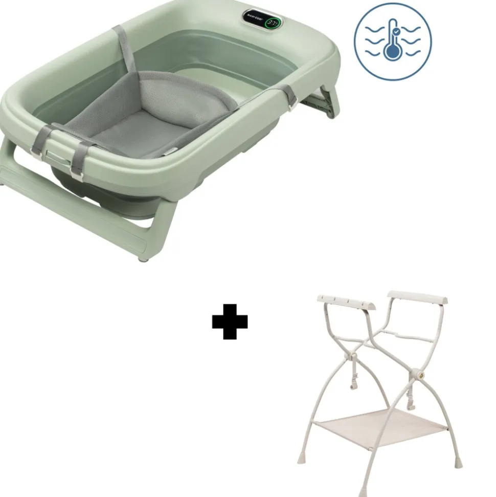 Baignoire indigo plus + insert nouveau-né sage green + support de baignoire