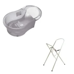 Baignoire 0-6 mois grise pailletée translucide avec transat intégré + petit support de baignoire