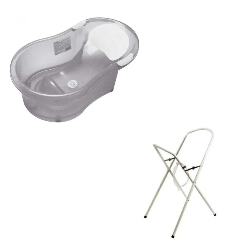 Baignoire 0-6 mois grise pailletée translucide avec transat intégré + petit support de baignoire