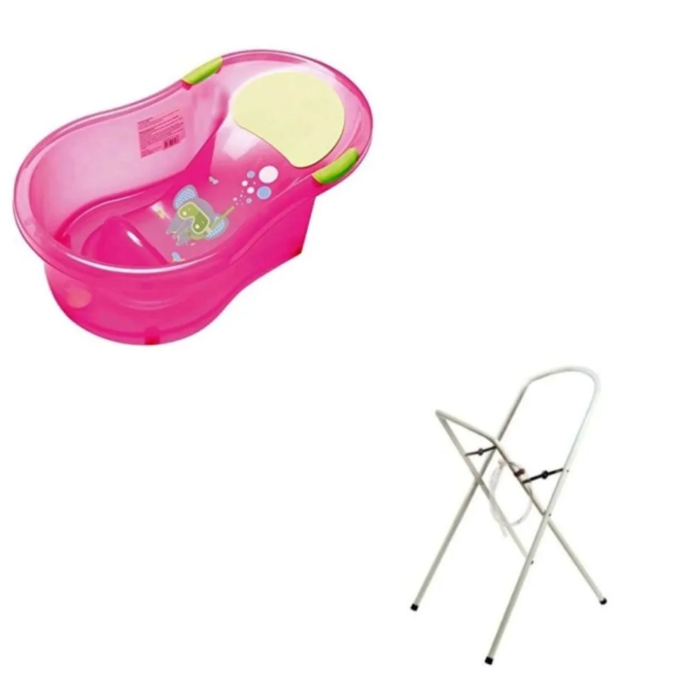 Baignoire 0-6 mois éléphant rose avec transat intégré + petit support de baignoire