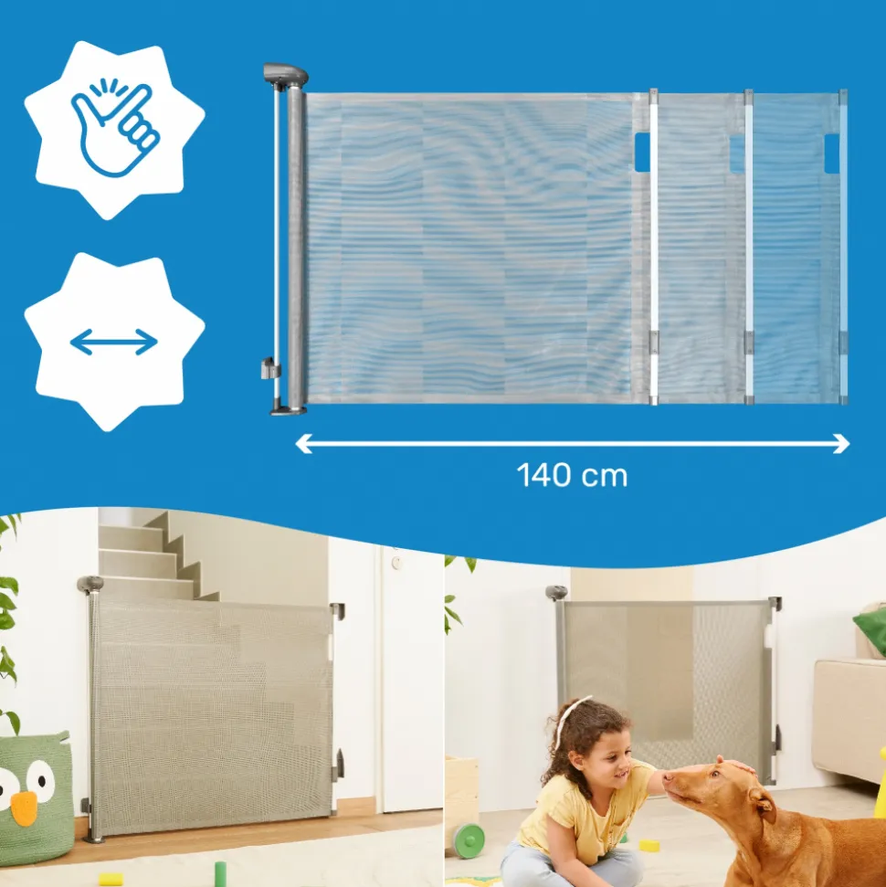 Barrière de sécurité rétractable safe & roll fixation vis extensible jusqu’à 140 cm