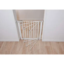 Barrière enfant 73–80 cm + extension 14 cm pour atteindre 94 cm, métal, auto close, fixation pression à 4 points, blanc