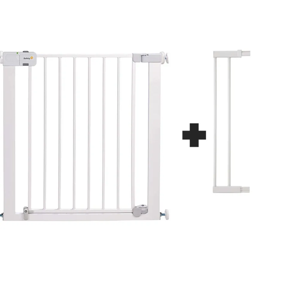Barrière enfant 73–80 cm + extension 14 cm pour atteindre 94 cm, métal, auto close, fixation pression à 4 points, blanc