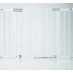 Barrière enfant 73–80 cm + extension 14 cm pour atteindre 94 cm, métal, auto close, fixation pression à 4 points, blanc