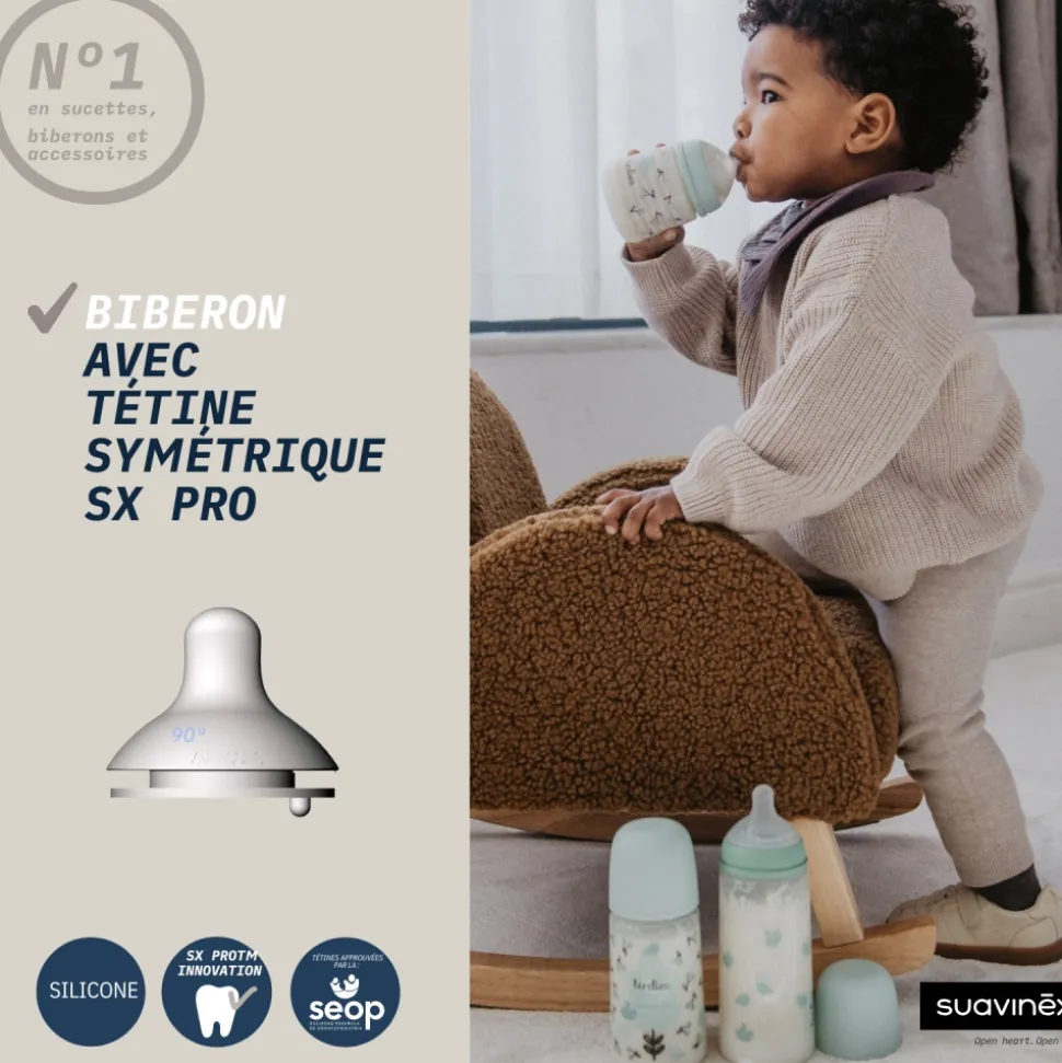 Biberon en verre bébé 240 ml avec tétine sx pro birdies rose