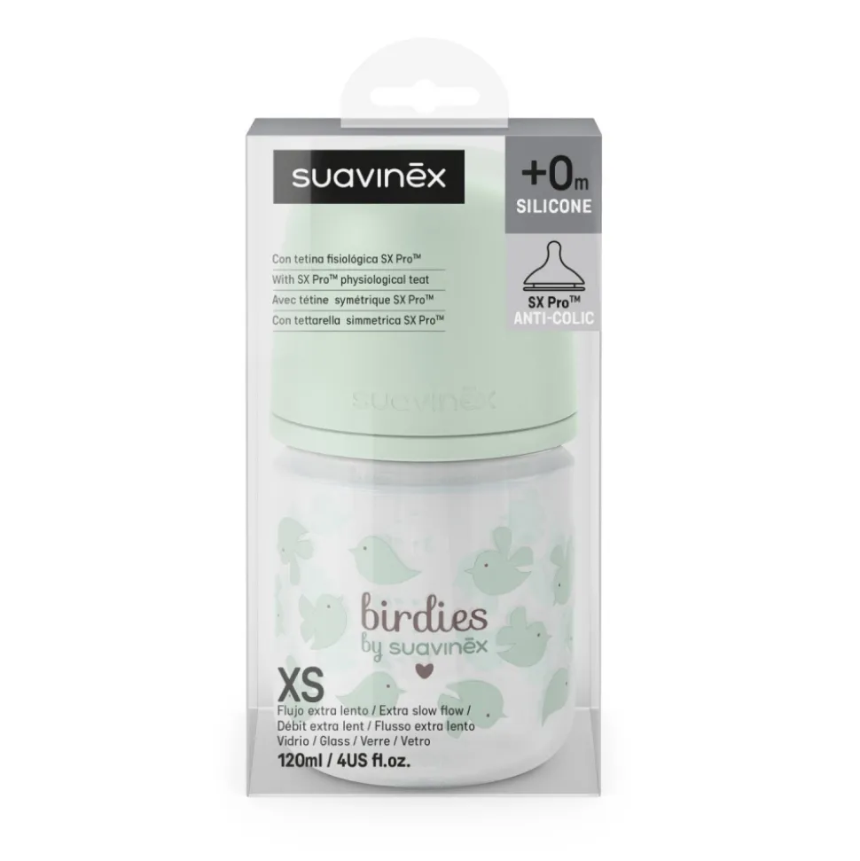 Biberon en verre bébé 120 ml avec tétine sx pro birdies vert