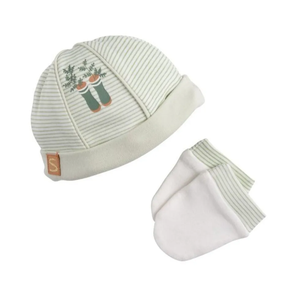 Bonnet et moufles naissance vert botanica