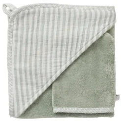 Cape de bain bébé avec gant de toilette soft stripes vert de gris