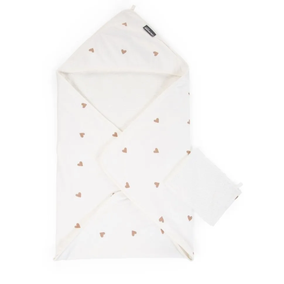 Cape de bain + gant mousseline cœurs - 80 x 80 cm