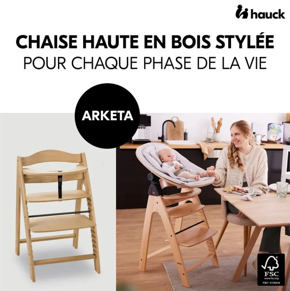 Chaise haute bébé arketa bois naturel + transat bébé pour chaise haute gris