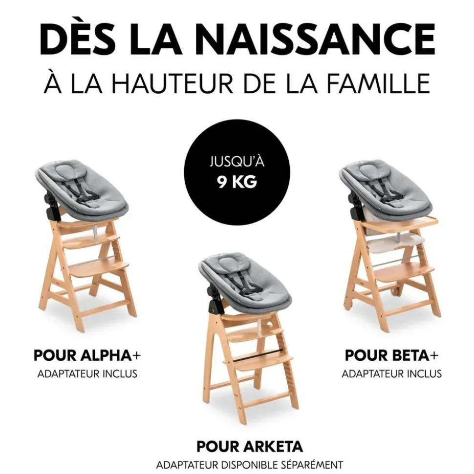 Chaise haute bébé arketa bois naturel + transat bébé pour chaise haute gris