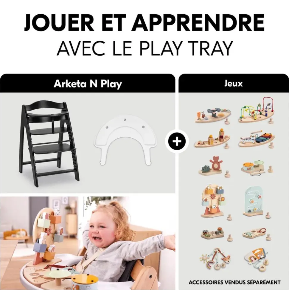 Chaise haute bébé arketa n play en bois noir avec plateau de jeu