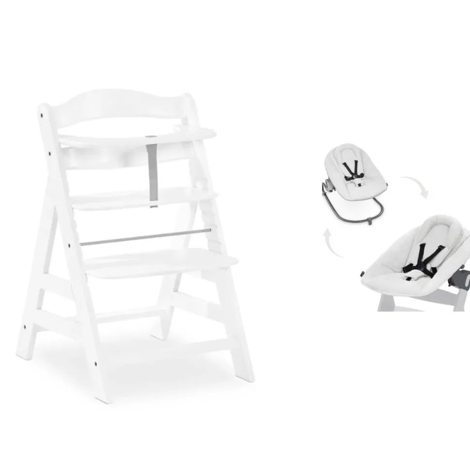 Chaise haute évolutive alpha blanche + transat light grey