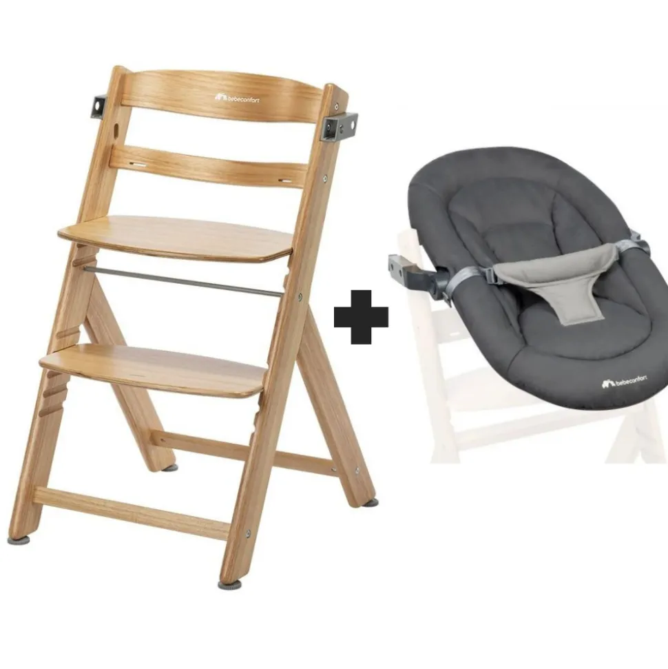 Chaise haute évolutive 2-en-1 timba 2 natural wood + transat tinted graphite
