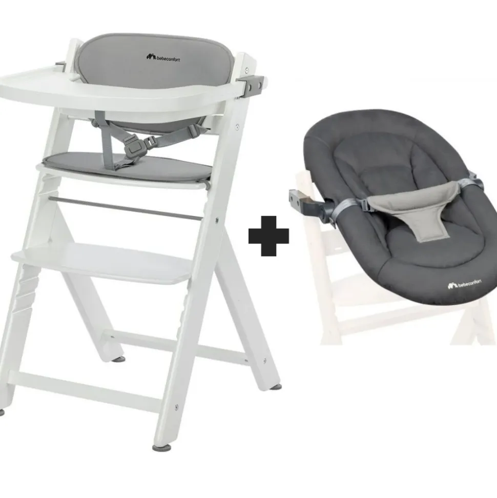 Chaise haute évolutive 2-en-1 timba 2 blanc avec coussin gris + transat tinted graphite