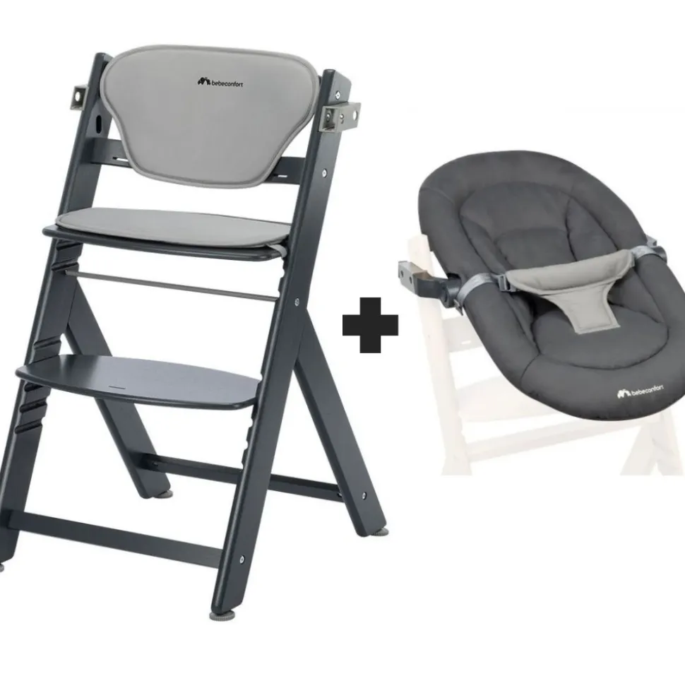 Chaise haute évolutive 2-en-1 timba 2 avec coussin mineral graphite + transat tinted graphite