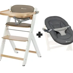 Chaise haute évolutive 2-en-1 timba 2 light wood avec coussin beige + transat tinted graphite