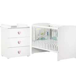 Chambre bébé duo lit bébé 120x60 blanc + commode à langer 3 tiroirs boutons coeur basic