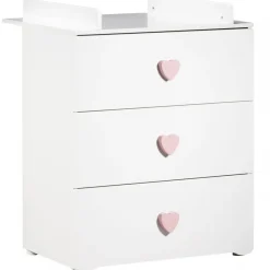 Chambre bébé duo lit bébé 120x60 blanc + commode à langer 3 tiroirs boutons coeur basic