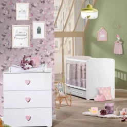 Chambre bébé duo lit bébé 120x60 blanc + commode à langer 3 tiroirs boutons coeur basic