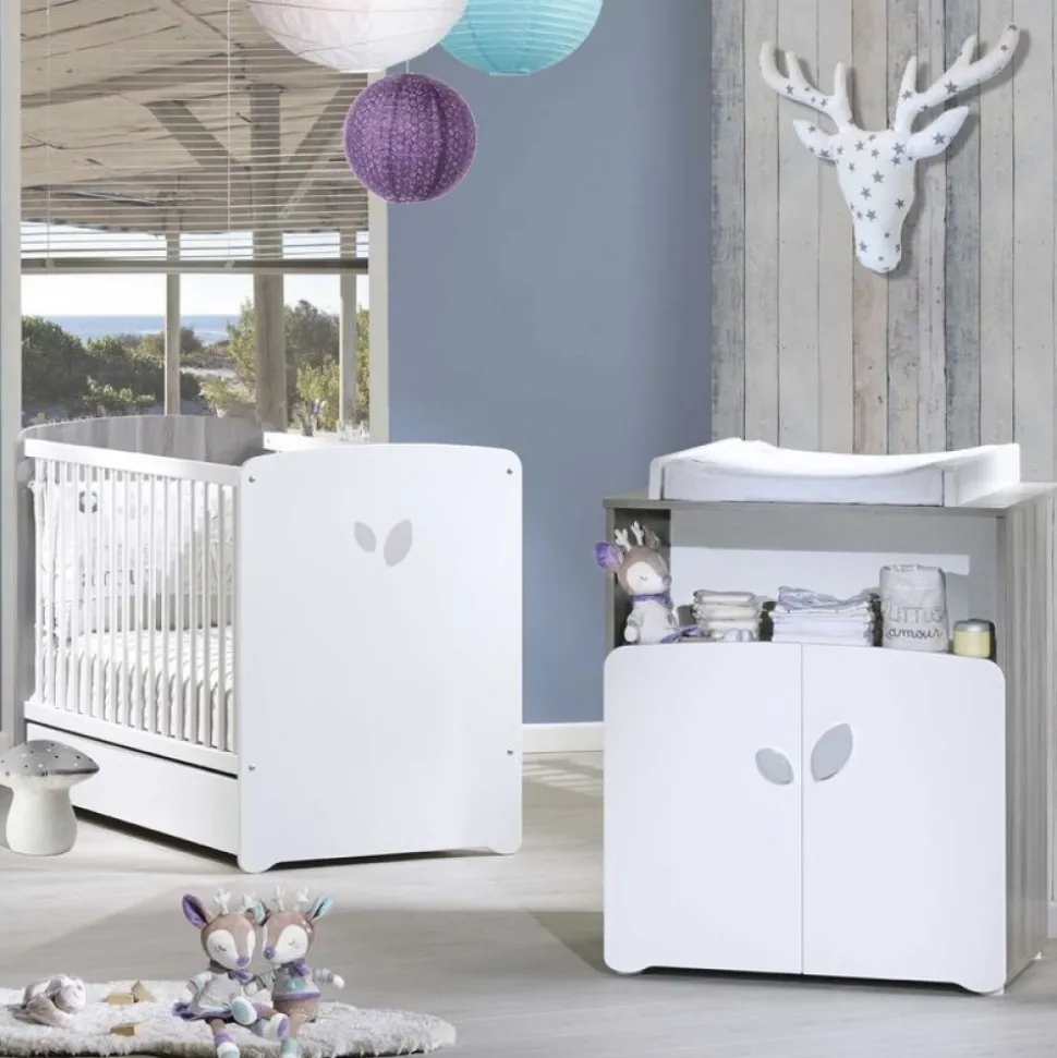 Chambre bébé duo lit bébé 120x60 + commode à langer 2 tiroirs et niche leaf