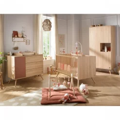 Chambre bébé duo lit 70x140cm bois + commode terracotta seventies