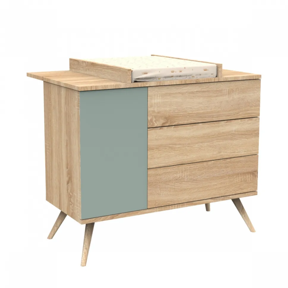 Chambre bébé duo lit 70x140cm bois + commode sauge seventies