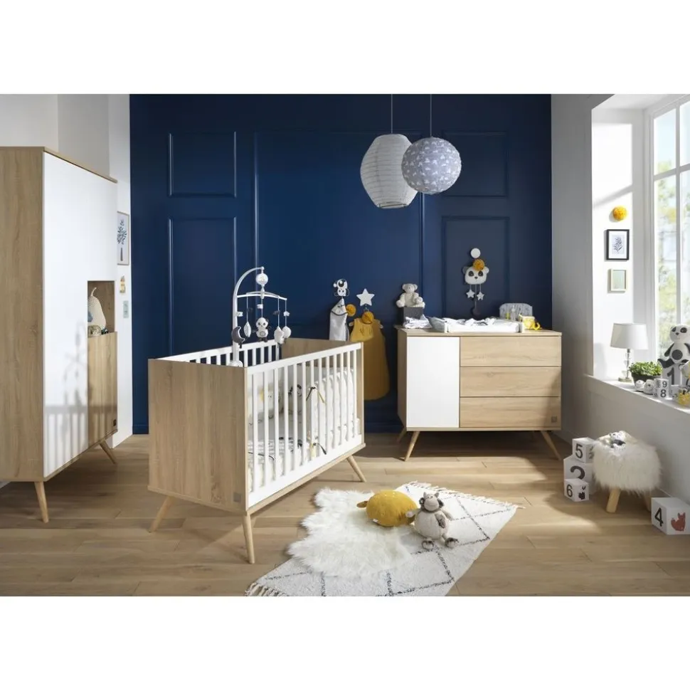 Chambre bébé duo lit 60x120cm + commode seventies blanc et bois