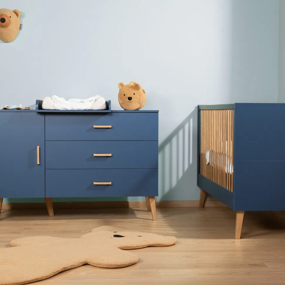 Chambre bébé duo lit 70x140cm évolutif + commode à langer bold blue bleu pied naturel