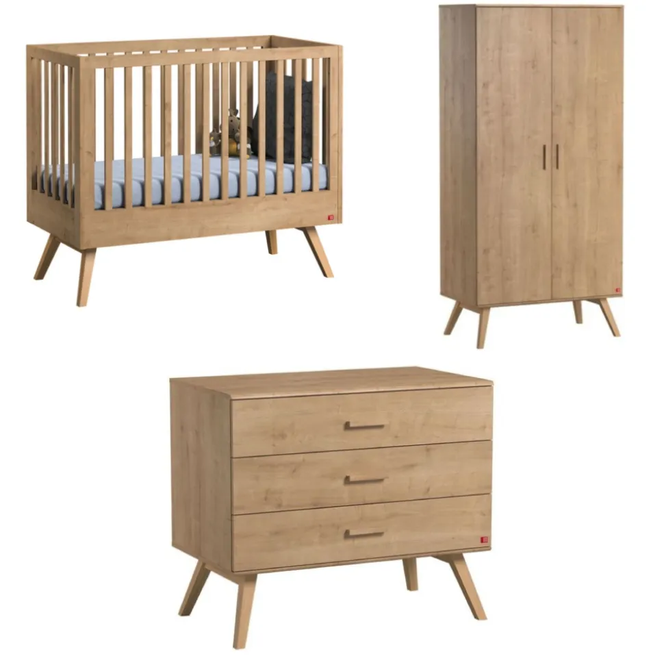 Chambre bébé duo lit 70x140 + commode + armoire bois nautis