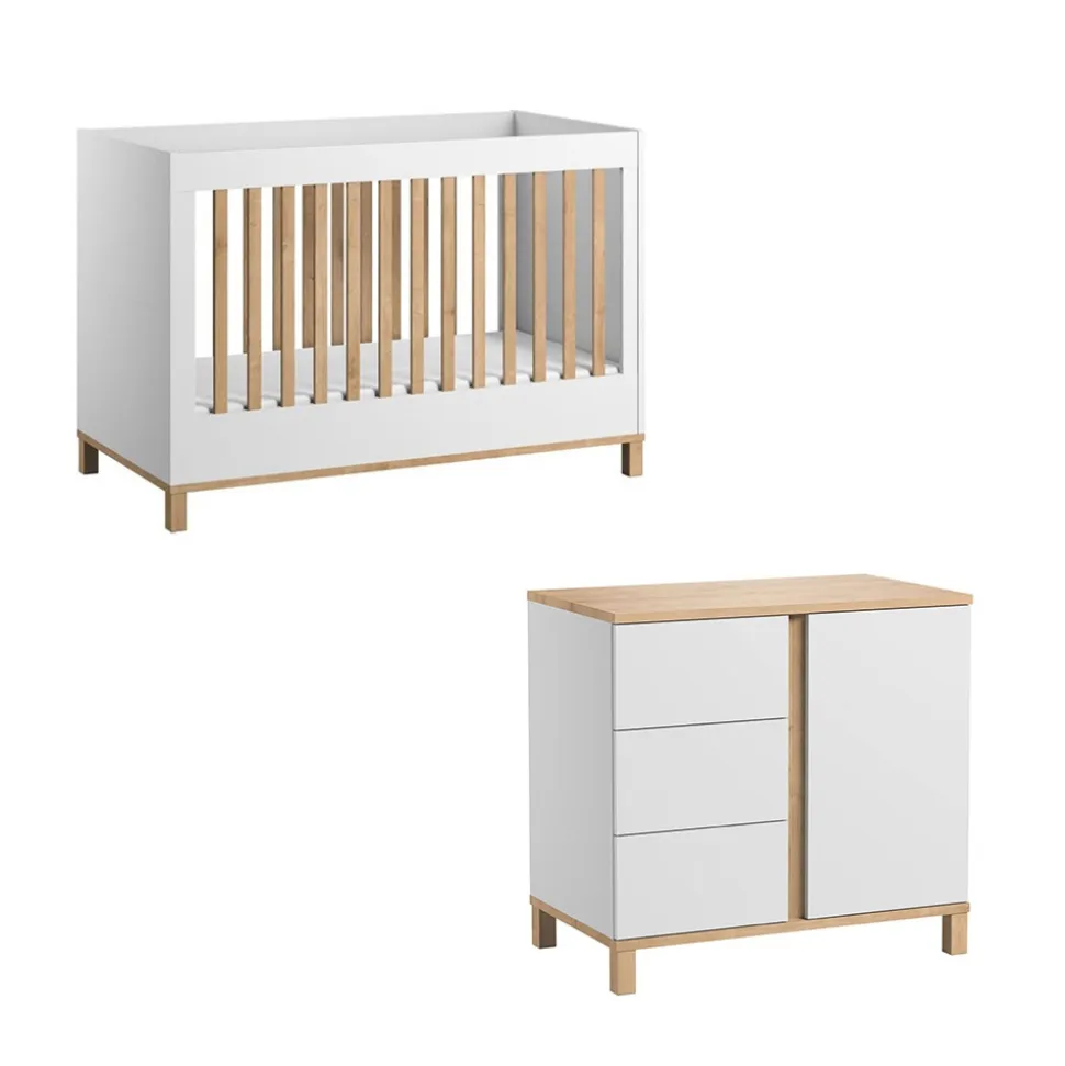 Chambre bébé duo lit 60x120 + commode blanc leaf