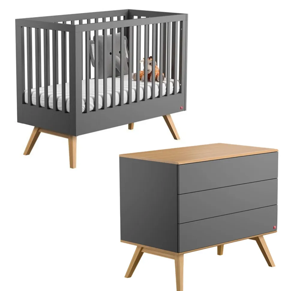 Chambre bébé duo lit 70x140 + commode gris nature