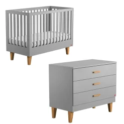 Chambre bébé duo lit 70x140 + commode gris clair et bois lounge