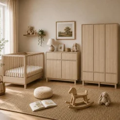 Chambre bébé trio kyo lit 70 x 140 cm + armoire xl + commode avec plan à langer - honey ash