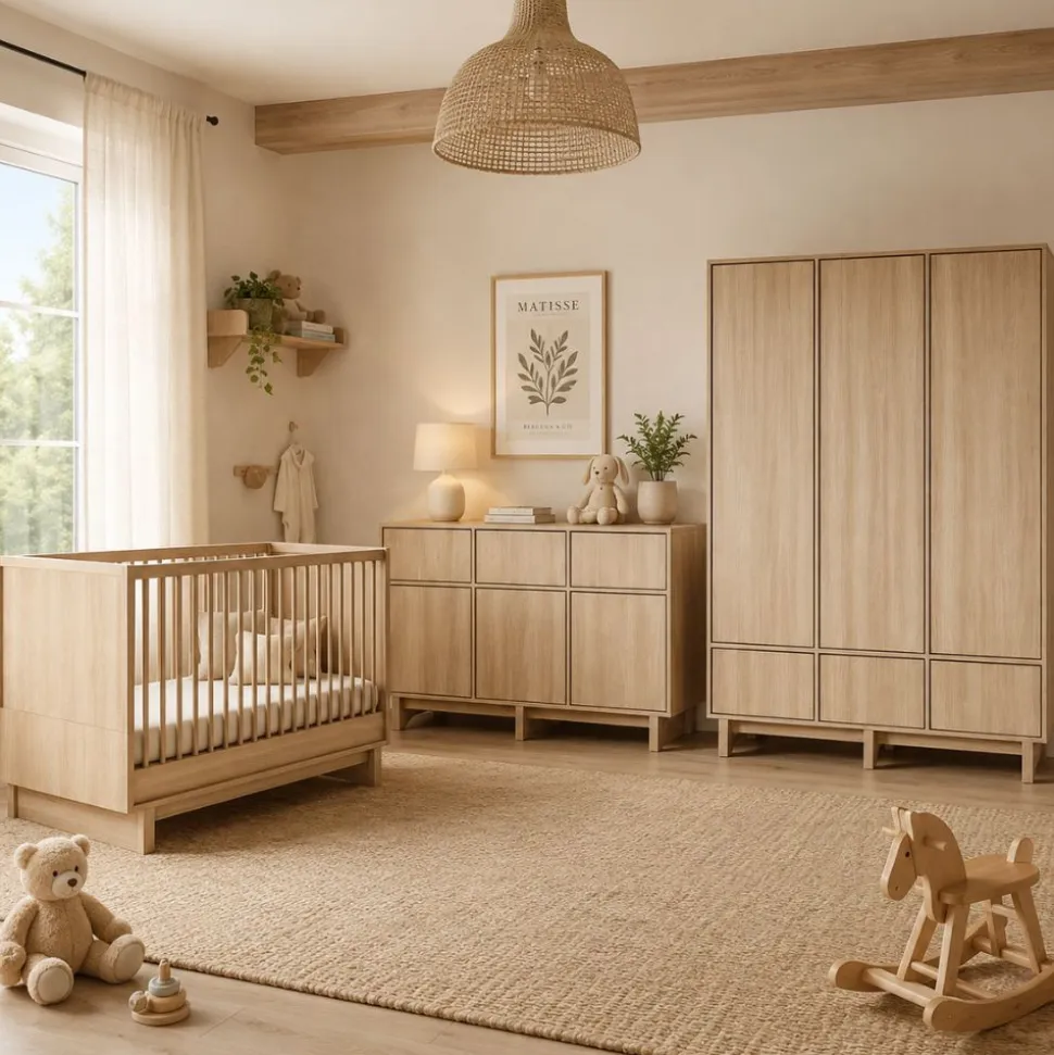 Chambre bébé trio kyo lit 70 x 120 cm + armoire xl + commode xl avec plan à langer - honey ash