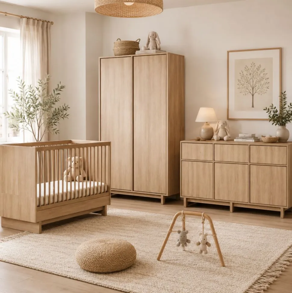 Chambre bébé trio kyo lit 70 x 120 cm + armoire + commode xl avec plan à langer - honey ash