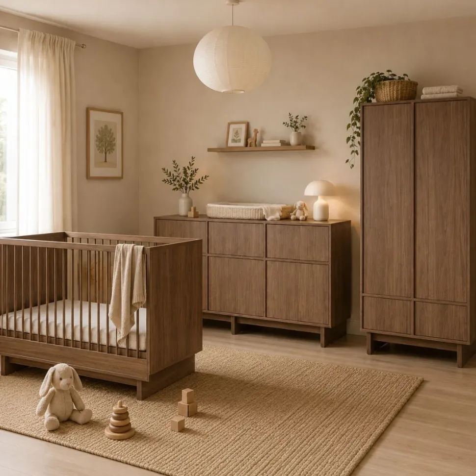Chambre bébé trio kyo lit 70 x 120 cm + armoire + commode xl avec plan à langer - walnut