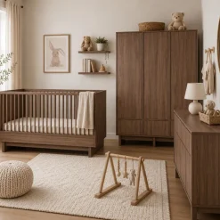 Chambre bébé trio kyo lit 70 x 140 cm + armoire xl + commode xl avec plan à langer - walnut