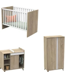 Chambre bébé trio lit bébé 60x120 + commode+armoire nova blanc lin