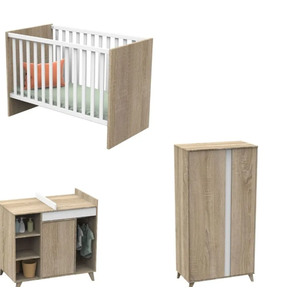 Chambre bébé trio lit bébé 60x120 + commode+armoire nova blanc lin