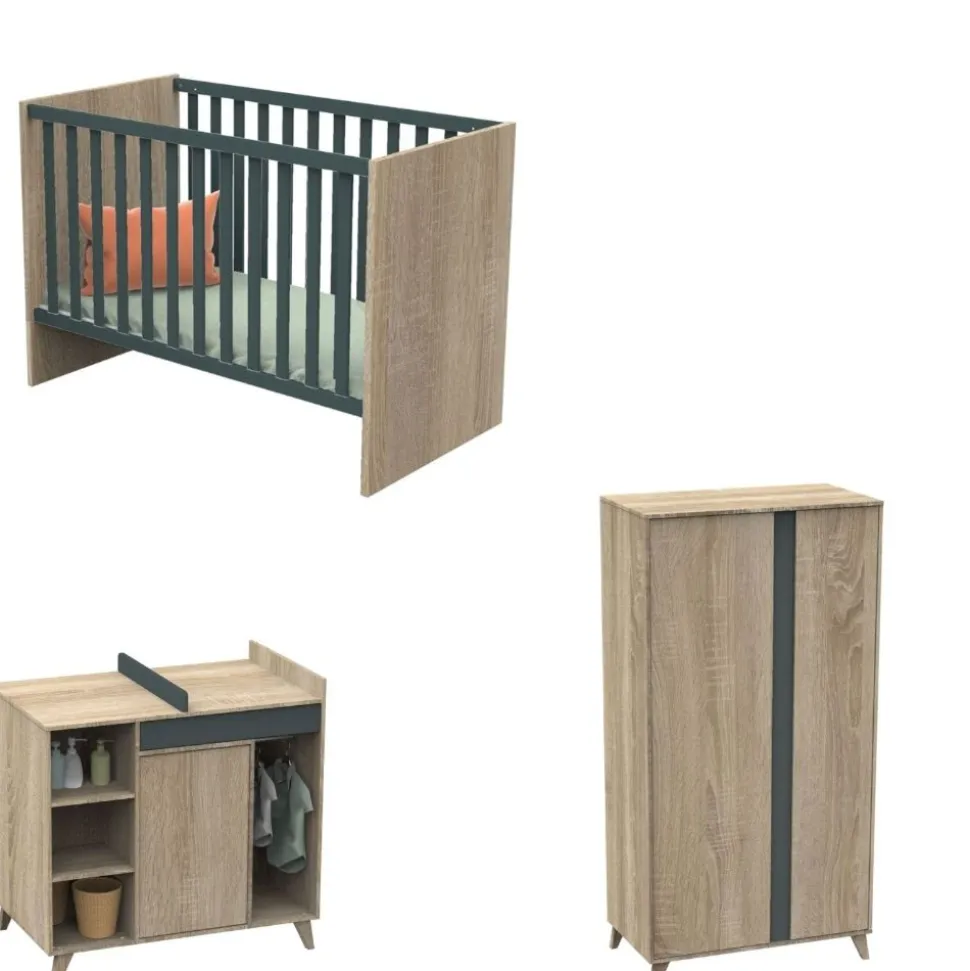 Chambre bébé trio lit bébé 60x120 + commode+armoire nova gris volcan