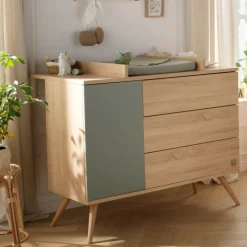 Chambre bébé trio lit 70x140cm bois + commode + armoire sauge seventies
