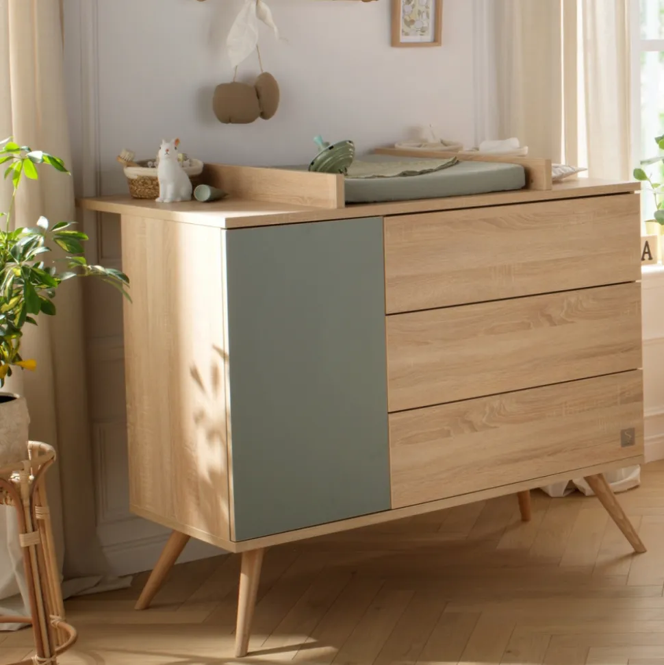 Chambre bébé trio lit 70x140cm bois + commode + armoire sauge seventies