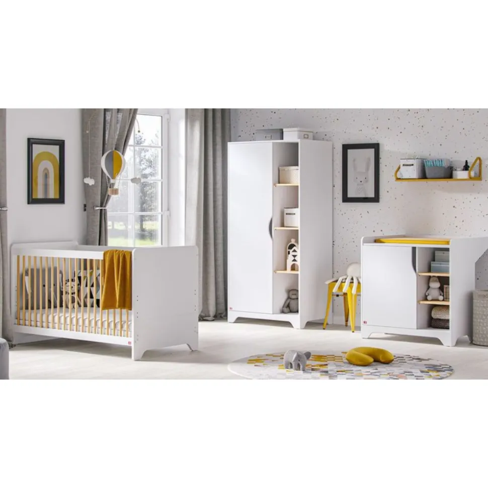 Chambre bébé trio lit 60x120 + commode + armoire blanc leaf